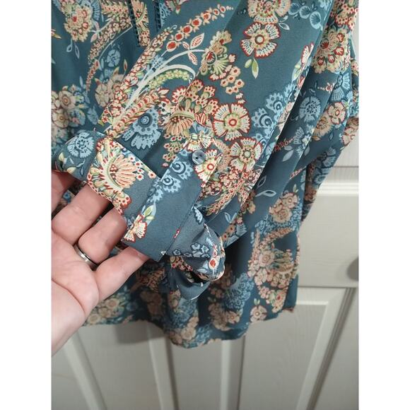 Meera Lane Woman 5X Blouse Semi Sheer Floral V Neck Pullover Flowy Roll Tab - Picture 7 of 10